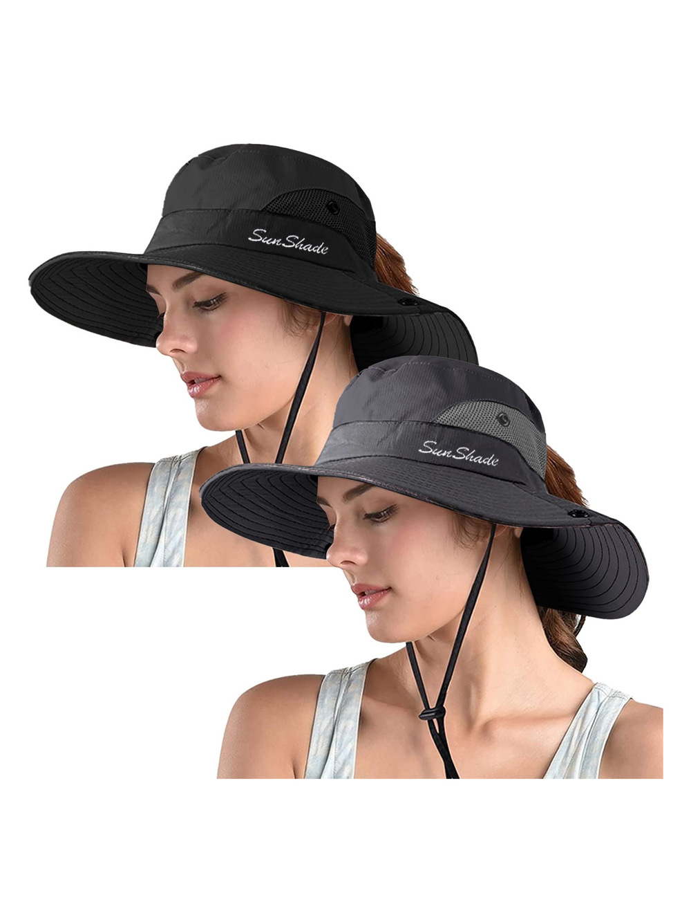 Women's Ponytail Safari Sun Hat,Wide Brim UV | Black, Gray | Size 6 3/4-6 7/8